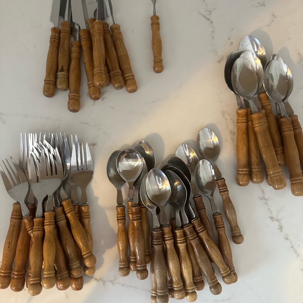 Vintage Flatware Set with Wooden Handles - Rustic Silverware